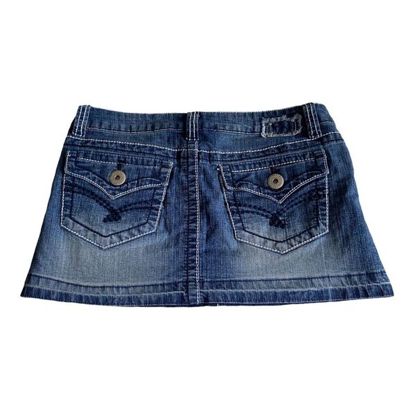 Vintage Hydraulic Distressed Denim Blue Jean Flap Pocket Micro Mini Skirt Sz 7/8 - Picture 14 of 14
